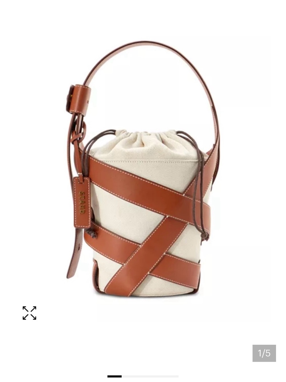 NWT STAUD Women Hive Leather Canvas Drawstring Bucket Bag Cream/Tan
